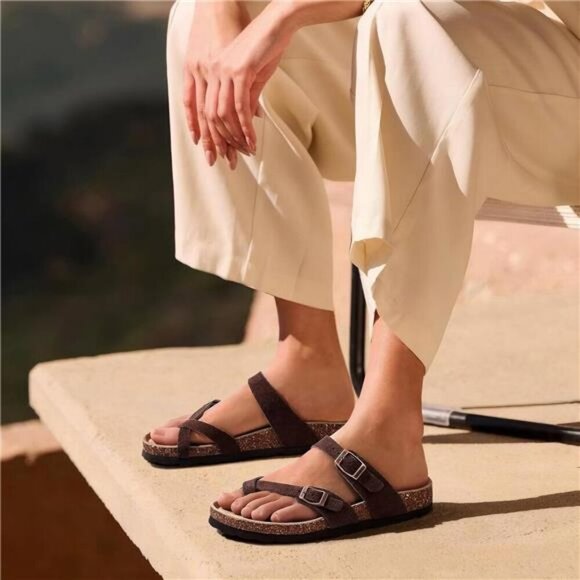 Suede Cork Footbed Sandals Women Adjustable Buckle Summer Comfort Slides - Picture 2 of 8